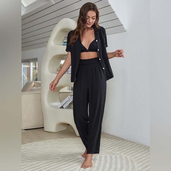 Short Sleeve Shirt, Bralette, and Pants Lounge Set
